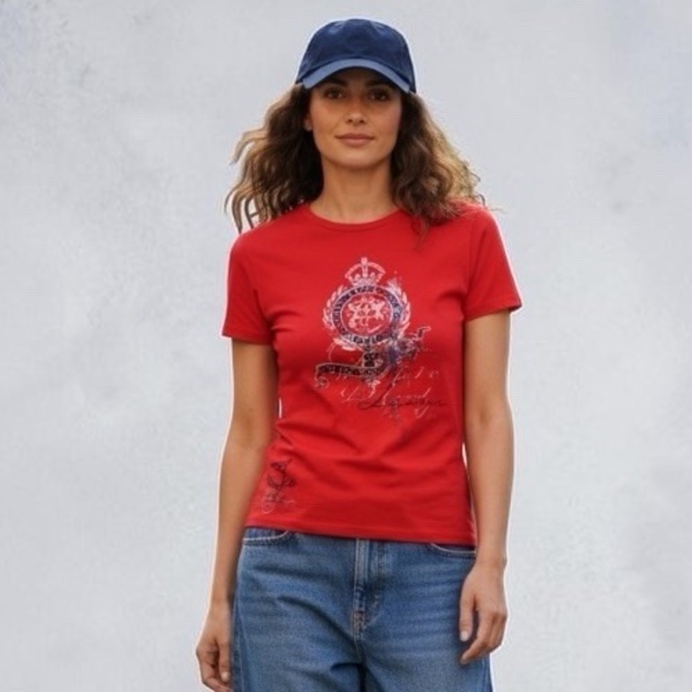 Ralph Lauren T Shirt Red Embellished Large Logo Monogram Tee Petite Small